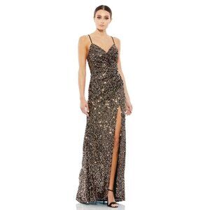IEENA MAC Duggal Gown Dress Size 4 Sequined Gather Waist Gown Black Copper